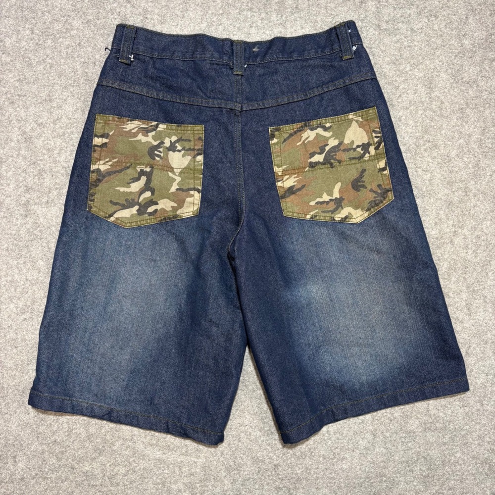 Revolution Mens Baggy Denim Shorts Dark Wash Camo Pockets Skater Streetwear 32